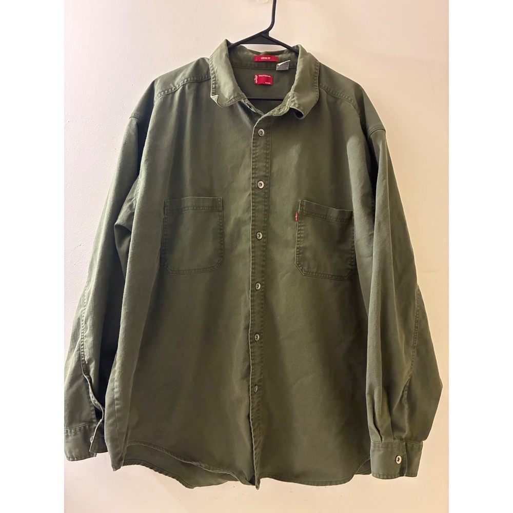 Levis Mens XXL Loose Fit Olive Green Button Down Shirt Cotton Twill Workwear